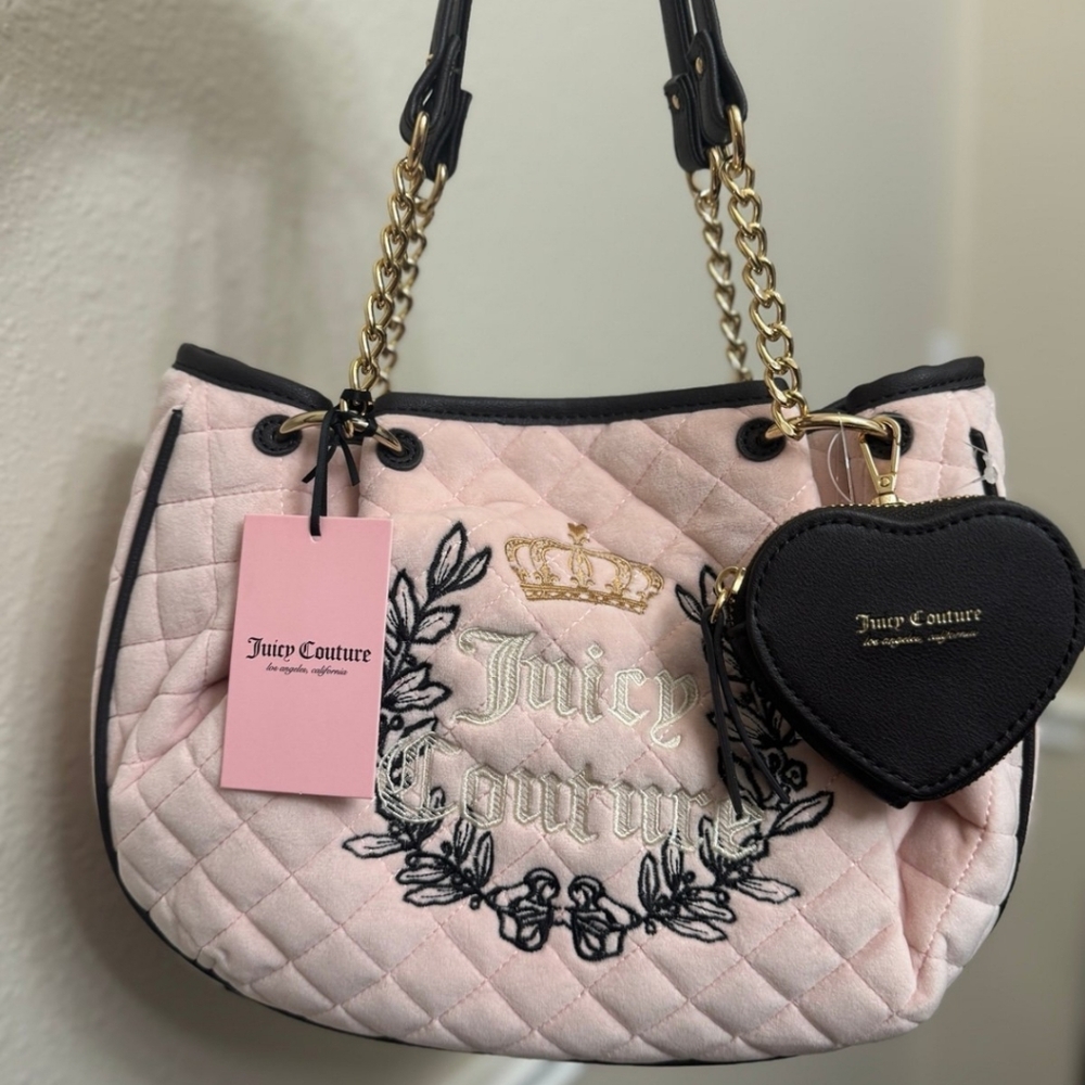 Juicy Couture Pink Quilted Shoulder Bag with Black Trim & Heart Coin Purse
